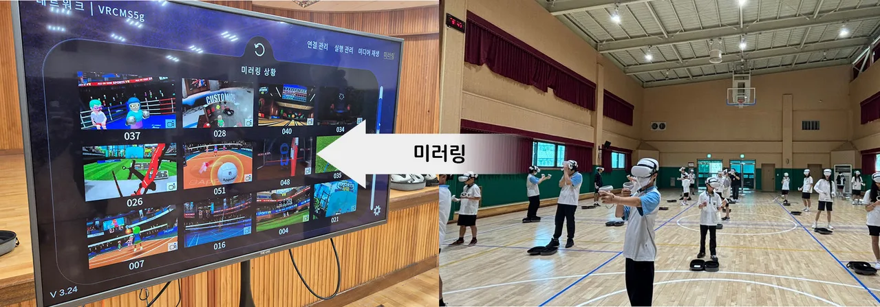 대형 화면의 다중 미러링과 학생들의 VR 체험을 함께 보여주는 교육 현장 사진